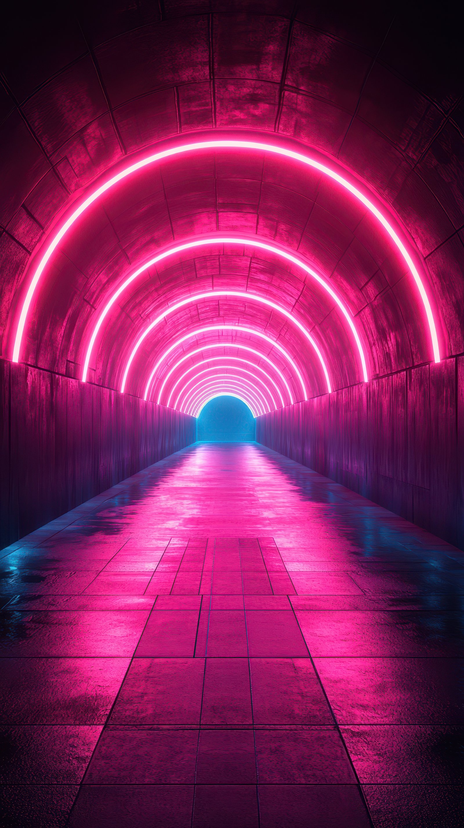 Vibrant neon tunnel illuminated by pink lights creates an otherworldly atmosphere at night